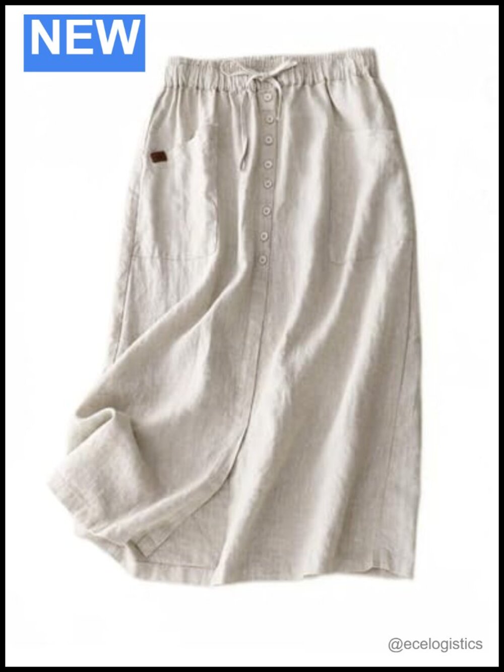 Women's Cotton Linen A-Line Midi Skirt High Elastic Waist Slit Pockets